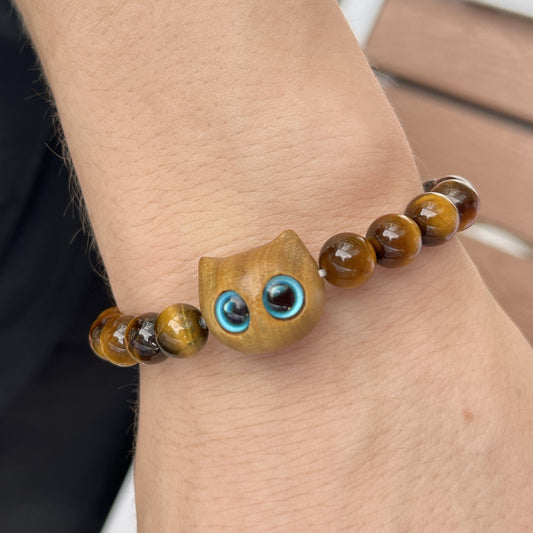 Yumeiren Handmade beaded bracelet for cat lovers sandalwood cat bracelet tiger eye stone bracelets for men birthday gift for men